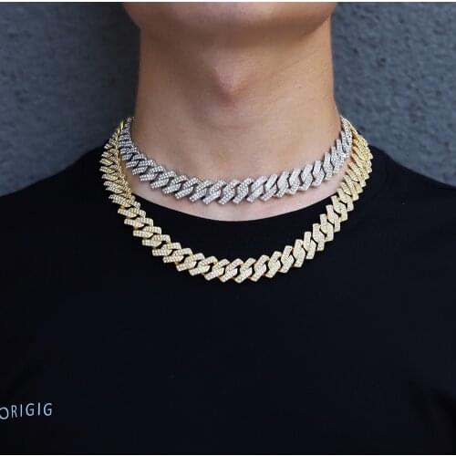 Iced Out Pave Rhinestones Men Necklace 15MM Hip Hop Silver Color Full Miami Curb Cuban Chain CZ Bling Rapper Necklaces Jewelry