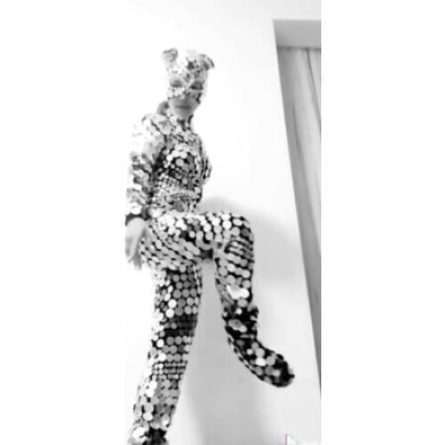 Cat mask mirror bodysuit Model costume Catwalk stage dance wear Round Mirror Jumpsuit Sequin Mirror Light One-Piece Outfit