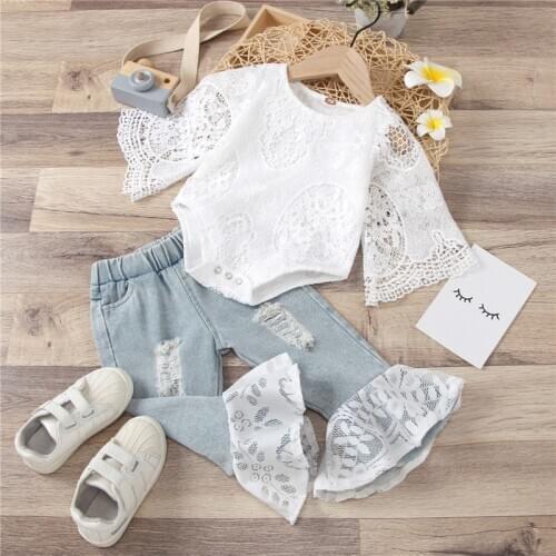 0-24M Fashion Kids Newborn Infant Baby Girls Outfits Summer Lace Flowers Long Sleeve Romper Tops+Ripped Hole Flare Denim Pants