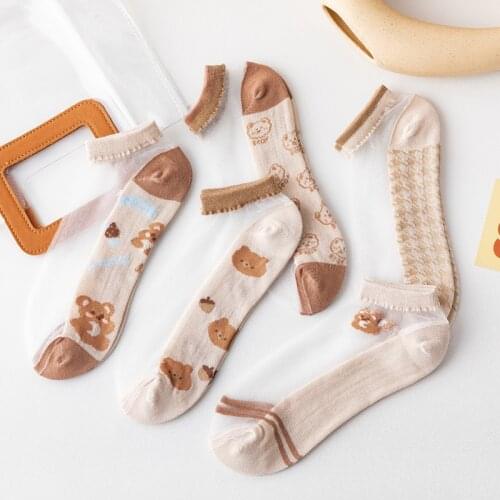 2021 Spring Summer Thin Silk Socks Women with Cartoon Bear Funny and Kawaii Woman Socks Cotton Korean Style 52001