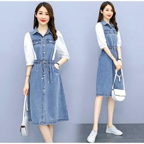New Summer Women Dresses Casual Single Button Collect Waist Lacing Slim Half Sleeve Patchwork Jeans For Females Denim One-Piece