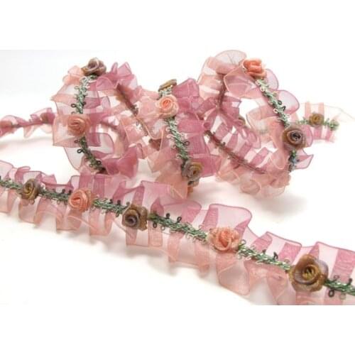 Pleated Trim|w Rococo Flower Trim|1 1/8 Inches Pleated Ombre Printed Chiffon Trim|Organza Chiffon Trim|Retro Handmade Supplies