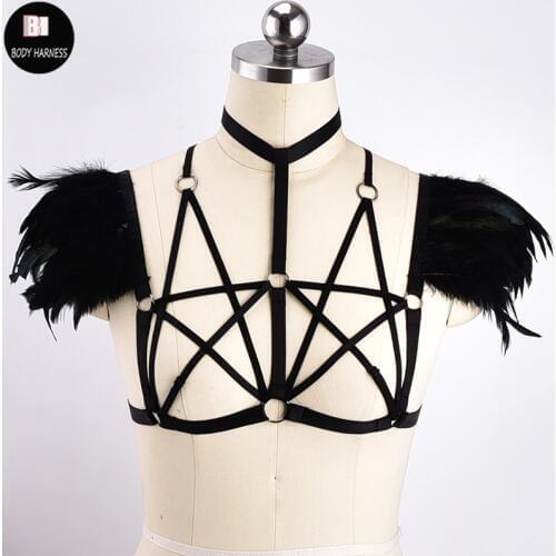 Black Feather Harness Sexy Body Harness Goth Cosplay Top Lingerie Elastic Adjustable Two Pentagram Angel wings Strappy Cage Bra