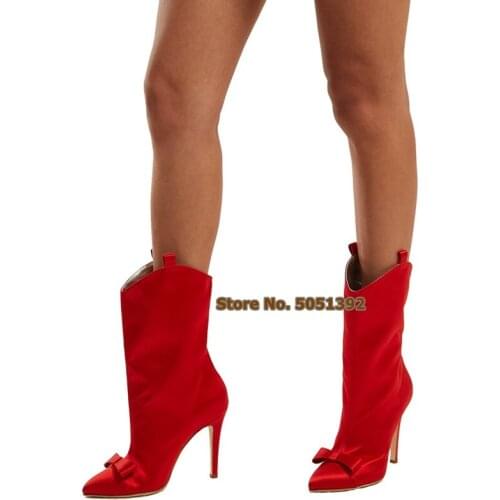 Satin Fashion Short Boots Women Pointed Toe Mid-calf High Thin Heel Bling Rhinestone Bowtie Large Size Butterfly-knot
