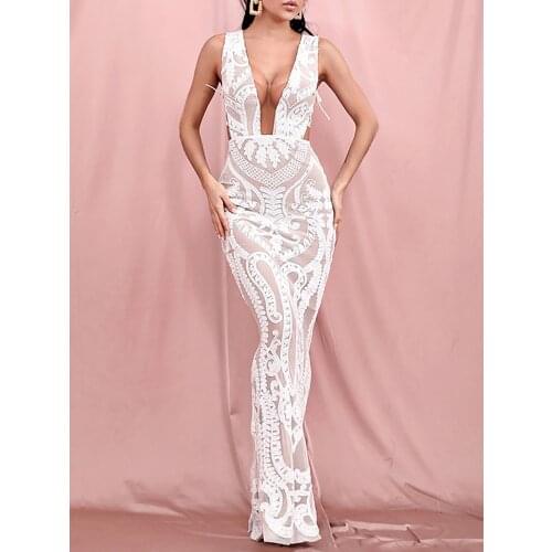 Sexy Deep V-Neck Side Cut Out Lace White Geometric Sequin Bodycon Dinner Party Maxi Dress