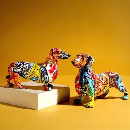 Nordic Painting Graffiti Dachshund Sculpture Ornaments Figurine Creative Resin Dog Statue Crafts Home Wine Cabinet Desktop Decor