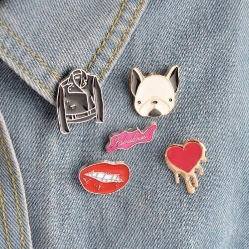 Cartoon Fabulous PU Jackets Red Lip Heart French Bulldog Brooch Button Pins Brooch Denim Jackets Pin Badge Gift Fashion Jewelry
