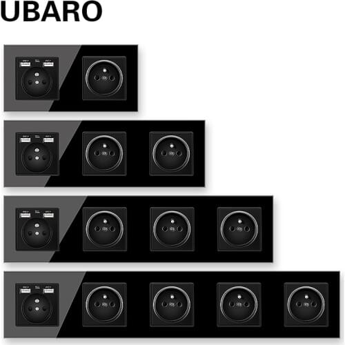 UBARO French Standard Black Crystal Glass Wall Panel Socket Prise Enchufe Plug Sockets With USB 5V 2100mA AC100-250V16A Outlet