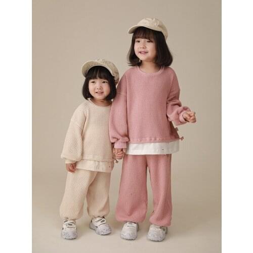 Girls' Spring and Autumn Waffle Fake Two Piece Bodysuit New Relaxed Sportswear In 2021 girls outfits Sets