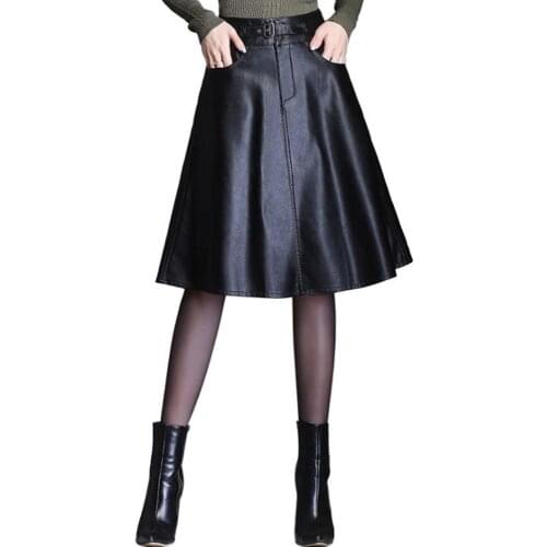 Autumn Winter High Waist PU Leather Skirt Women 2021 Elegant Black A-Line Midi Skirts Pleated Plus Size Saia Preta