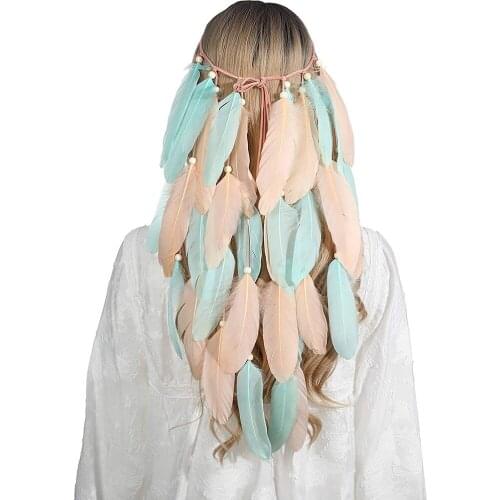 Indian Gypsy Headband Bohemian Feather Hairband with Pink and Blue Feather Tassel Hemp Rope for Festival Masquerades Carniva