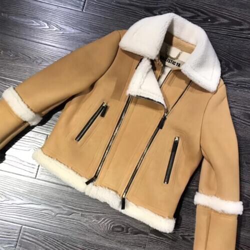 Lamb ladies suede leather fur shearling jacket