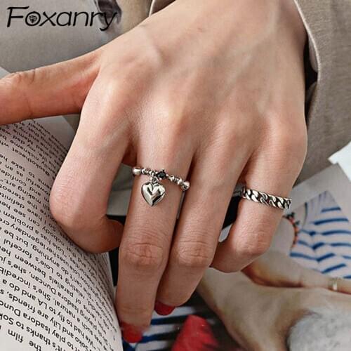 Foxanry Minimalist 925 Sterling Silver Rings for Women Trendy Creative Design LOVE Heart Pendant Vintage Punk Party Jewelry Gift