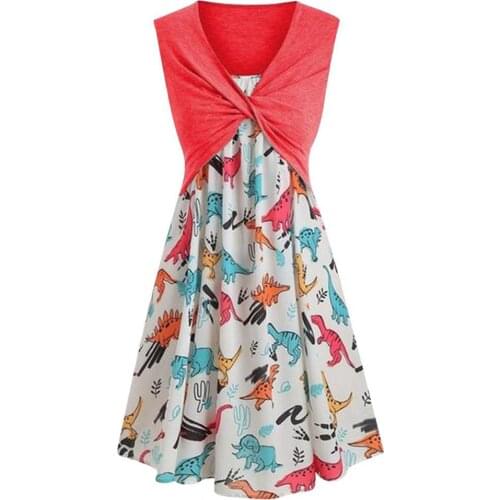 80%HOTFashion Women Sleeveless Dinosaur Print Large Hem Dress Solid Color Vest Two Pieces Outfit for Party