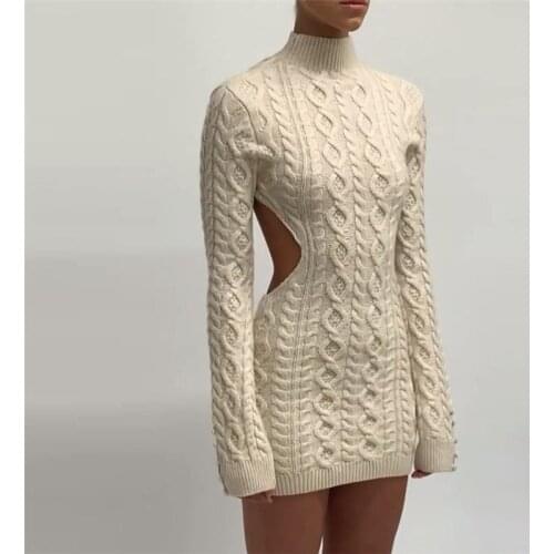 2021 Sexy Slim Fit Women High Street Outfit Half High Collar Solid Trend Women dress Long Sleeved O-Neck Backless Knitted Dress