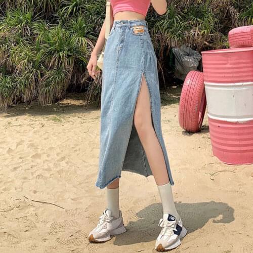Harajuku Sleeveless Vest+zipper A-line High Waist Side Slit Denim Female 2021 Summer New Thin Bag Hip Ins Tide Casual Long Skirt