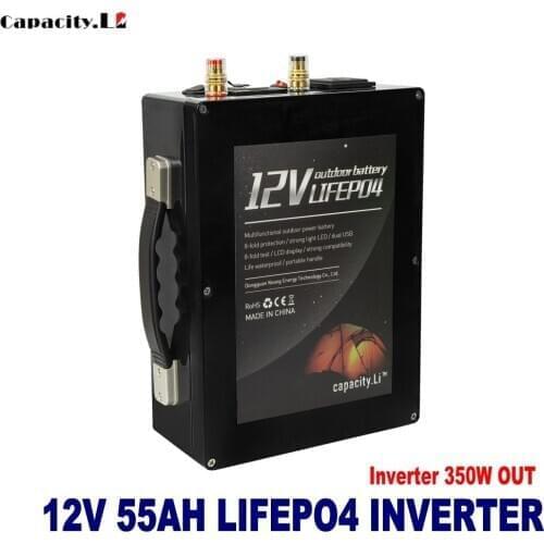 12v 55ah 30ah lifepo4 battery pack Lithium iron Rechargeable with Inverter 12V to 220 350W and BMS for outdoor Camping