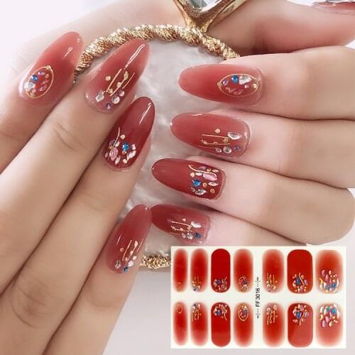 14Tips Full Cover Nail Stickers with 3D Rhinestones Decoration Glitter Nails Art Designer Manicure Waterproof Adhesive Wraps
