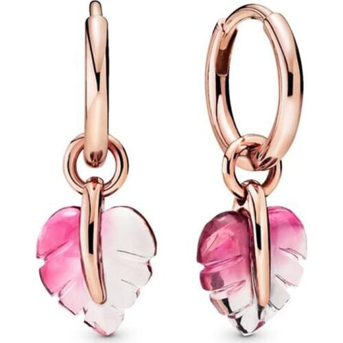 BaoFu New 925 Sterling Silver Stud Ear Studs Pink Murano Glass Leaf Stud Earrings Lady Gift High Jewelry