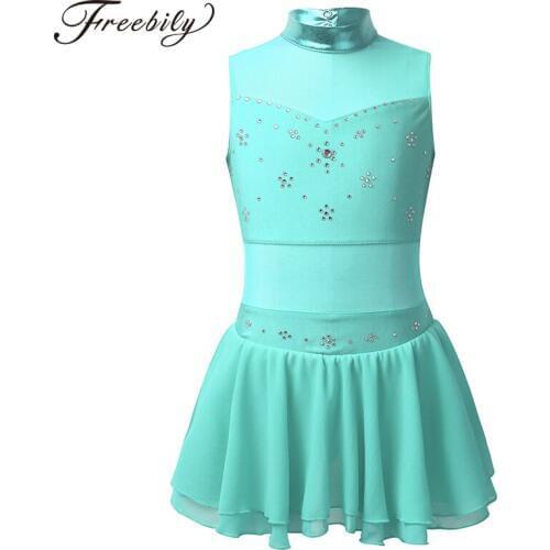 Kids Sleeveless Metallic Tulle Splice Rhinestones Gymnastics Leotard Girls Ballet Dance Performance Costume Figure Skating Dress