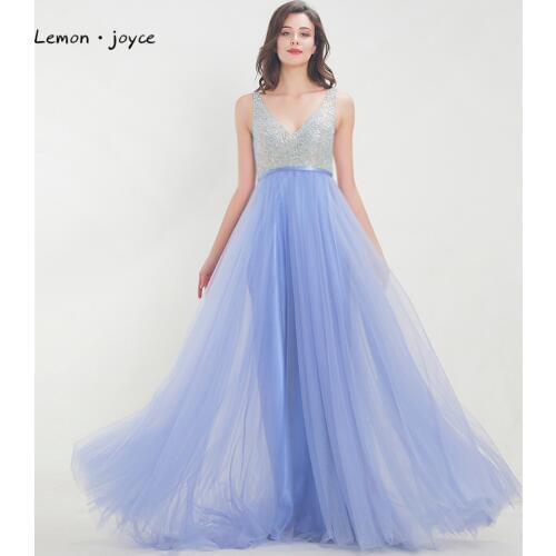 Lemon joyce Tulle Long Prom Dresses 2020 Elegant V-Neck Backless With Crystals Floor Length Dresses Party Dress Gowns Plus Size