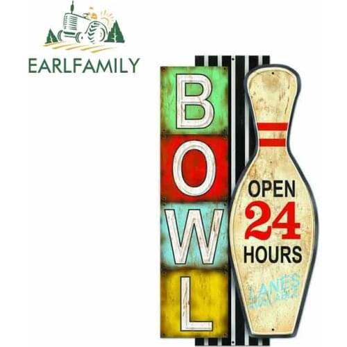 EARLFAMILY 13cm x 7.2cm for Bowling Pin Alley Open Metal Sign Funny Car Stickers Vinyl Sunscreen RV VAN Decal JDM Accessories