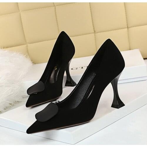 Women Flock High Heels Shoes Solid Color Pointed Toe Pumps New Design Ladies Shoes