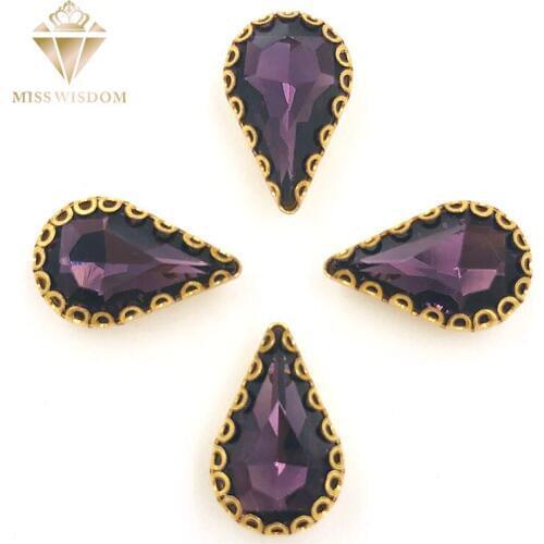HOT 30pcs 8X13mm Deep purple teardrop sew on rhinestones gold base with hole glass crystal pear shape rhinestone Diy accessories