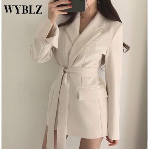 Korean British Style Small Suit Jacket Women Autumn Winter Fashion Slim Lace Up Long Jacket Long Sleeve Solid Versatile Top 2021