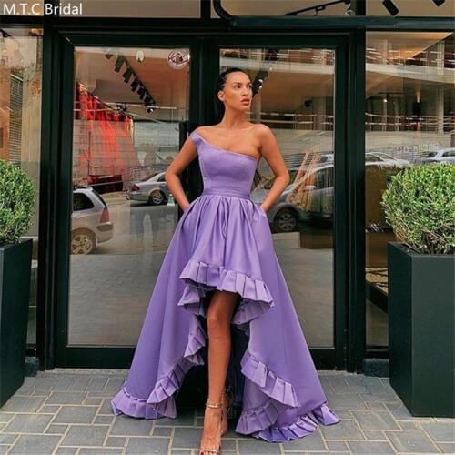 Lavender One Shoulder High Low Prom Dresses With Pockets Floor Length Pleat Satin Plus Size Formal Occasion Wedding Party Dress