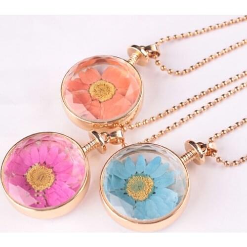 Fashion Chain Jewelry Glass Real Dried Flower Round Necklace Pendant Chains Charm Necklace For Women