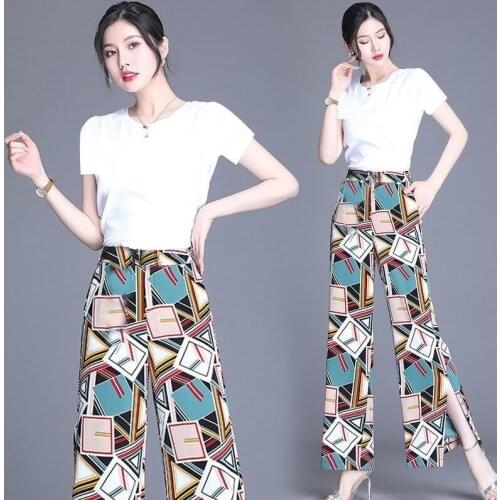 Fashion Suit Cotton T-shirt + Chiffon Pants Printed Wide-leg Pants Loose Women Summer New Straight-leg Pants