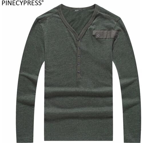 Men Long Sleeve T Shirt 100% Cotton Quality Man Autumn Spring Summer Male V-Neck Fashion Buttons Green Black 2018 Man T-shirt