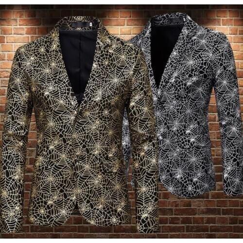 Spider web bronzing print suits men blazer Golden silver shiny coats mens jacket masculino slim casaco jaqueta masculina B433