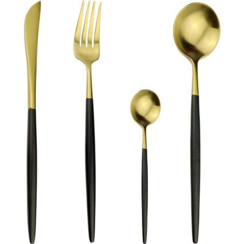 24-Pcs Black Gold Cutlery Set Dinner Dessert Fork Spoon Knife Wedding Dinnerware Set 304 Stainless Steel Tableware DropShipping