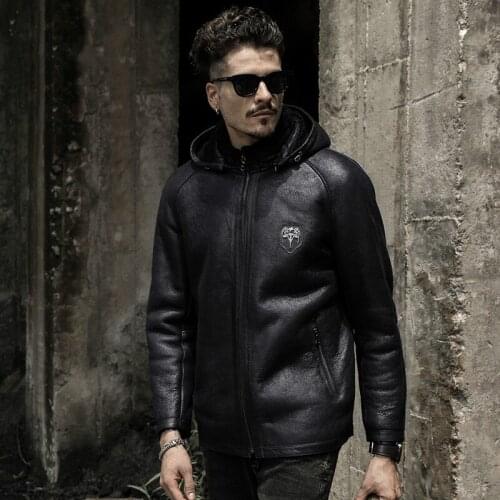 New Mens Fur One Genuine Sheep Leather Coat Shearing Jacket Men Hooded Motorcycle Leather Jackets Mens Winter Leather Coats