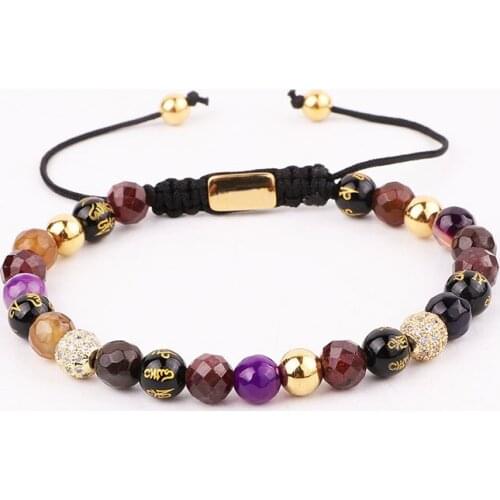 New Cute Design 6mm Natural Stone Tibetan Agate Beads CZ Charm Macrame Adjustable Luxury Bracelet Women