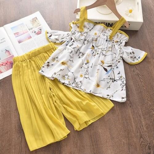 Girls clothes summer Leisure two-piece suit sweet floral shoulder strap tops T-shirts + wide-leg pants quality children clothing