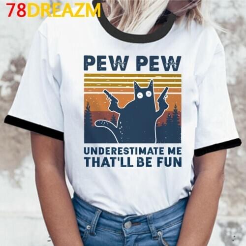 Pew Pew Madafakas Graphic Tees Women Kawaii Summer Tops Harajuku Cartoon T-shirt Funny Black Cat T Shirt Female Grunge Tops Tees