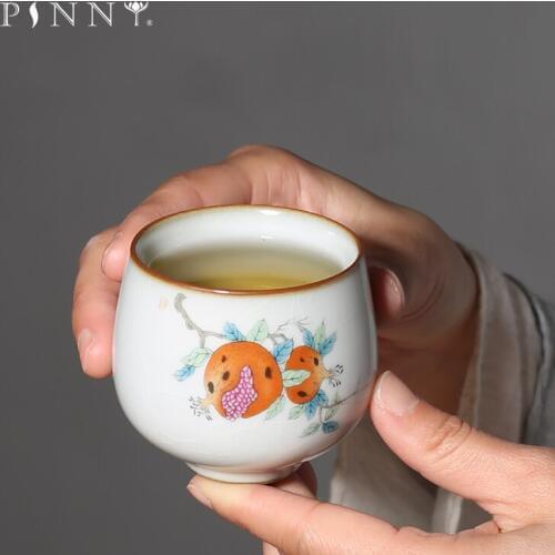 PINNY 100ML Pottery Hand-painted Persimmon Teacups Chinese Kung Fu Tea Cups Ceramic Retro Drinkware Tea Bowl