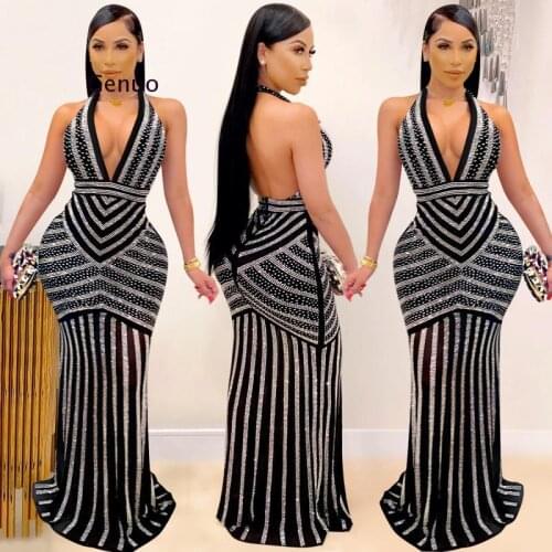 Sexy Black Halter Embelleshied Crystal Maxi Dress Women Backless See Through Bodycon Birthday Clubwear Church Dress