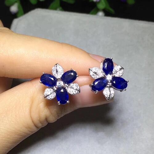 Earring Sapphire stud earrings 4*6mm 6pcs gems Natural and real blue sapphire 925 sterling silver