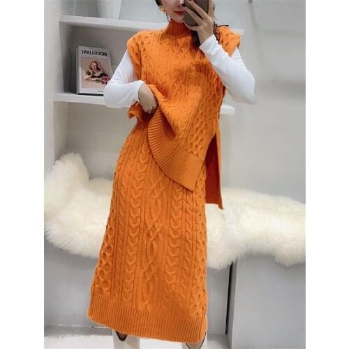 Chic Suit Women Fall Winter Rabbit Fur Twist Vest Sweater Knitted Skirt Two Piece Set Fashion Sleeveless Waistcoat Outfits y1160