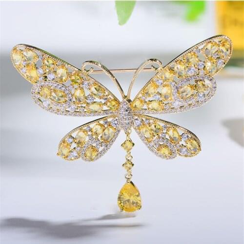 Shine Cubic Zirconia Butterfly Elegant Yellow Crystal Brooches Pins for Woman Fashion Insect Jewelry Pin Christmas Gift broche