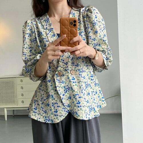 2021 Summer Shirt Blouses Women Chiffon Sweet Puff Sleeve Print Green Floral V-Neck Female Top Korean Fashion Cardigan Tunic
