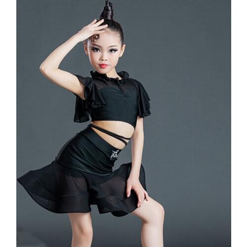 2021 Girls Latin Dance Costumes Black Ruffle Sleeve Split Suit Latin Top Dress Kids Ballroom Stage Performance Wear SL4824