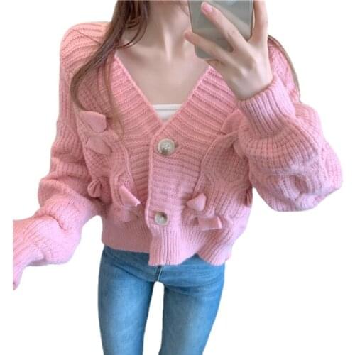 Cardigan Women Sweater Pink Blue V-Neck Knitted 2021 Fall Clothes Solid Casual Single Breasted Vintage Top Fashion New