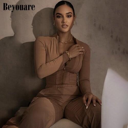 Beyouare New Zipper Long Sleeve Slim Skinny Solid Womens Bodysuit 2020 Autumn Sexy Party Club Casual Elegant Female Bodysuits