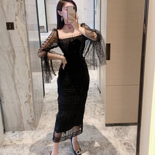 Runway Designers 2021 Spring Sexy Vintage Square Collar Flare Sleeve Polka Dot Mesh Dresses For Women Elegant Black Midi Dress