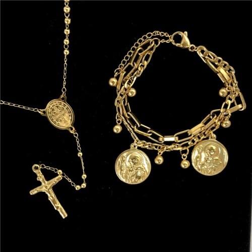 1 Set St. Benedict Medal Necklace Catholic San Benito Jesus Cross Pendant Collares For Men Women Religious Jewelry